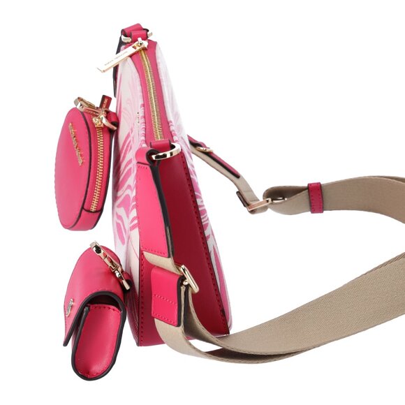 Michael Kors Jet Set Crossbody Tech Accessories Attached Pink Multi Palm Leaves - Picture 4 of 6